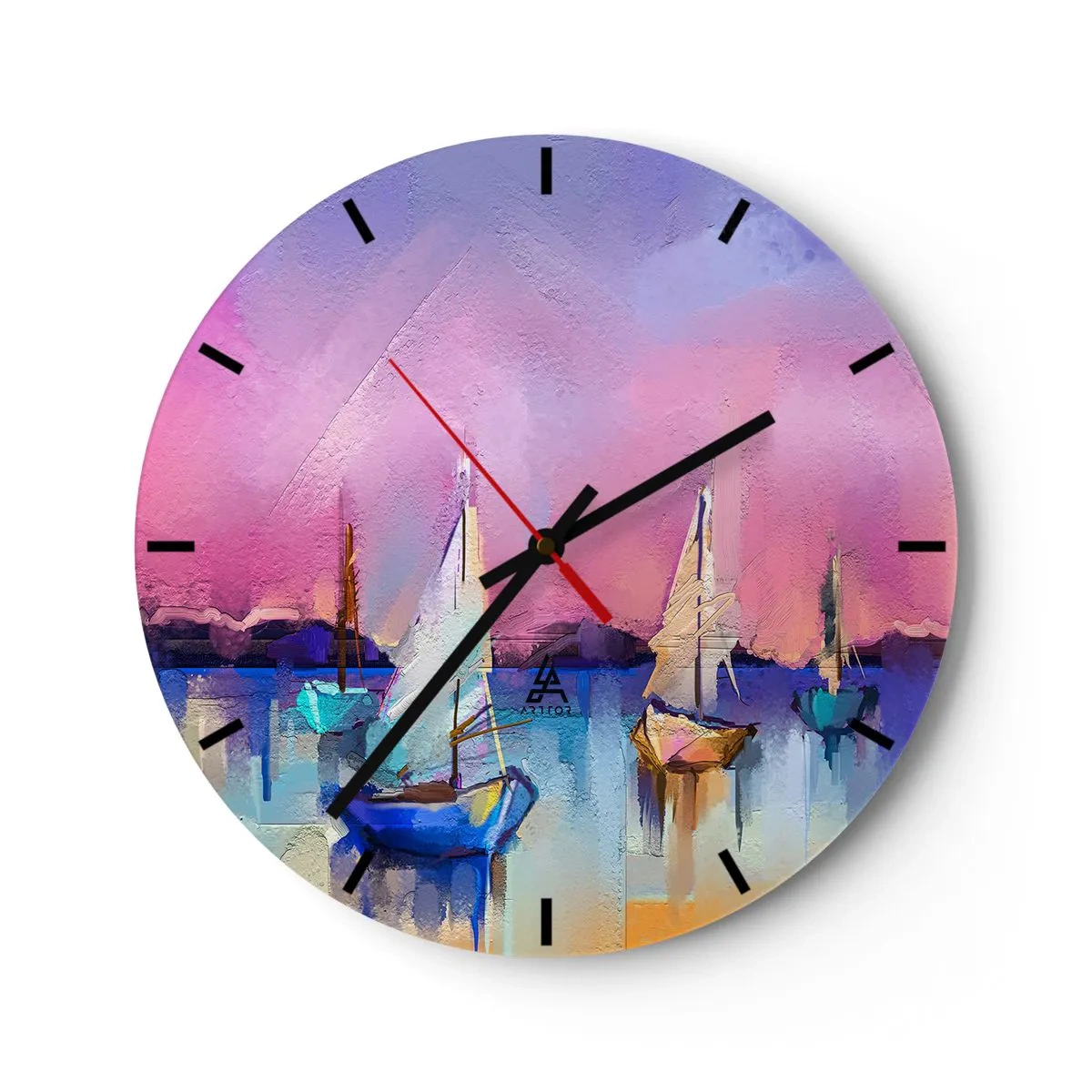 Ceas de perete - Ceas pe sticlă - Marina abstractă cu bărci cu pânze în culori pastelate - 30x30cm - Direcția: ape largi - Decorațiune modernă pentru perete pentru living, bucătărie și dormitor ARTTOR
