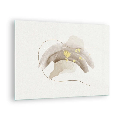 Tablou pe sticlă - Abstracție bej și aurie cu linii și forme delicate - 70x50cm - Întâlnite în spațiu - Decorațiune modernă pentru perete pentru living și dormitor ARTTOR