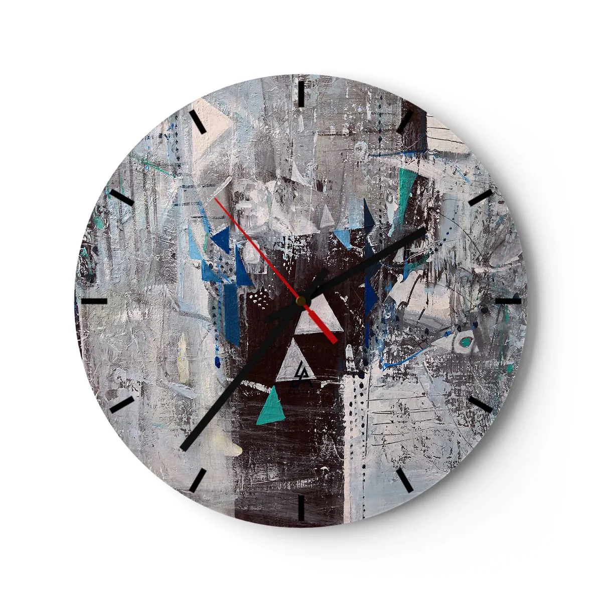 Ceas de perete - Ceas pe sticlă - O pictură abstractă în nuanțe de gri și albastru - 30x30cm - Ordinea superioară a triunghiurilor - Decorațiune modernă pentru perete pentru living, bucătărie și dormitor ARTTOR