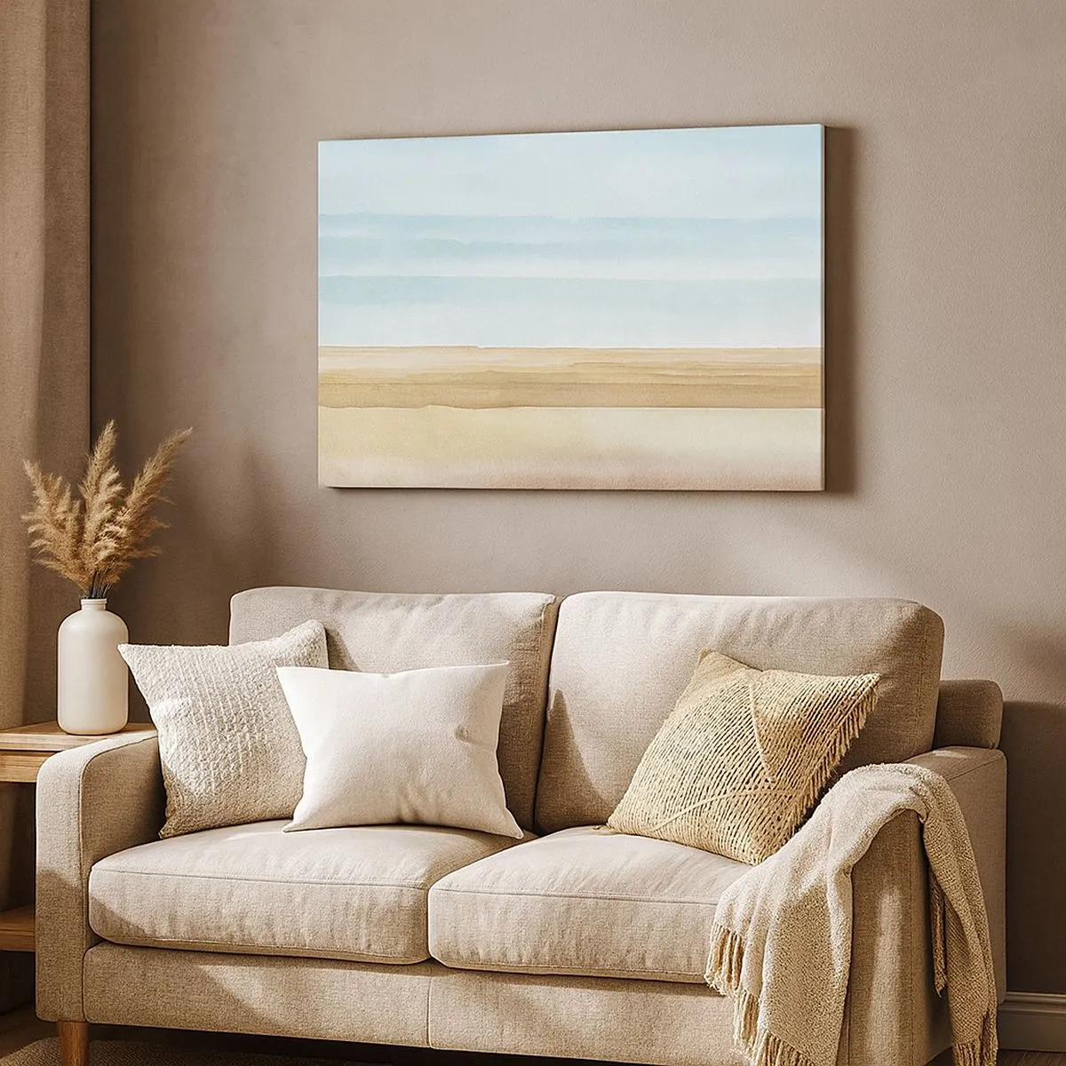 Tablou pe pânză Canvas - O pereche de cardinali cocoțați pe ramuri într-un peisaj pastelat - 70x50cm - O poveste din Pădurea Roz - Decorațiune modernă pentru perete pentru living și dormitor ARTTOR