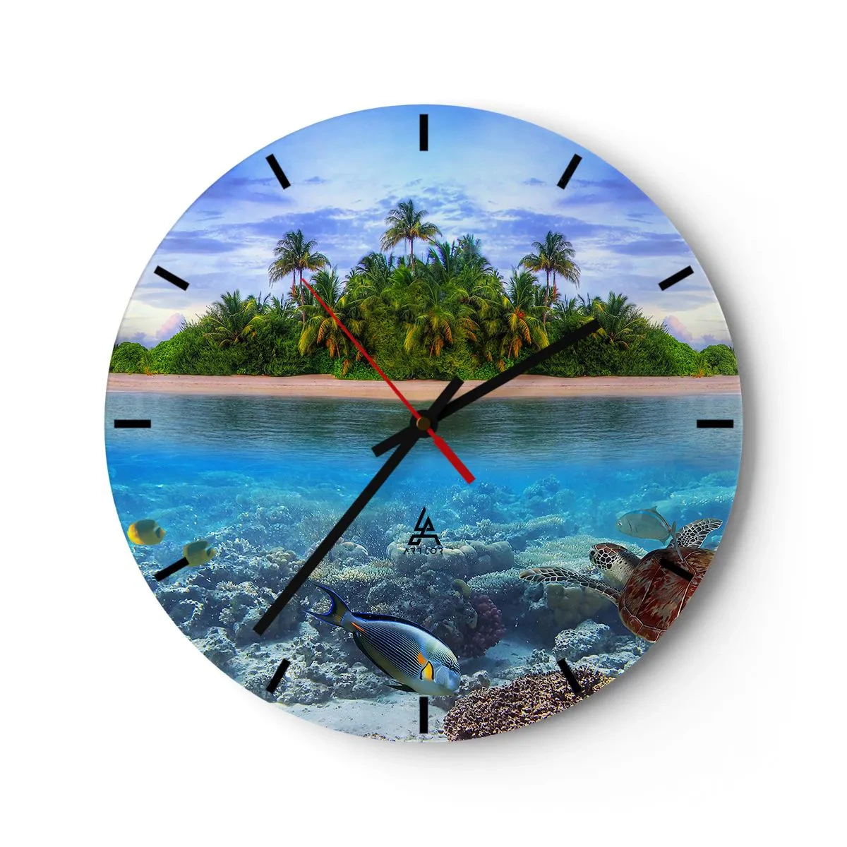 Ceas de perete - Ceas pe sticlă - O insulă exotică cu palmieri și o lume subacvatică - 30x30cm - Insula paradisiacă vă invită - Decorațiune modernă pentru perete pentru living, bucătărie și dormitor ARTTOR