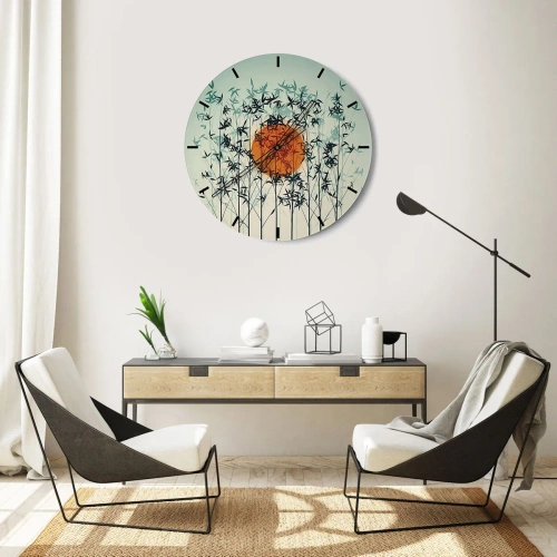 Ceas de perete - Ceas pe sticlă - Frunze de bambus pe fundalul soarelui portocaliu și al cerului luminos - 30x30cm - Soarele japonez - Decorațiune modernă pentru perete pentru living, bucătărie și dormitor ARTTOR