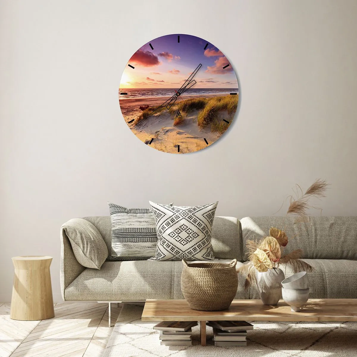 Ceas de perete - Ceas pe sticlă - O plajă cu dune și un apus de soare auriu peste o mare calmă - 30x30cm - Deja aerul de vară miroase - Decorațiune modernă pentru perete pentru living, bucătărie și dormitor ARTTOR