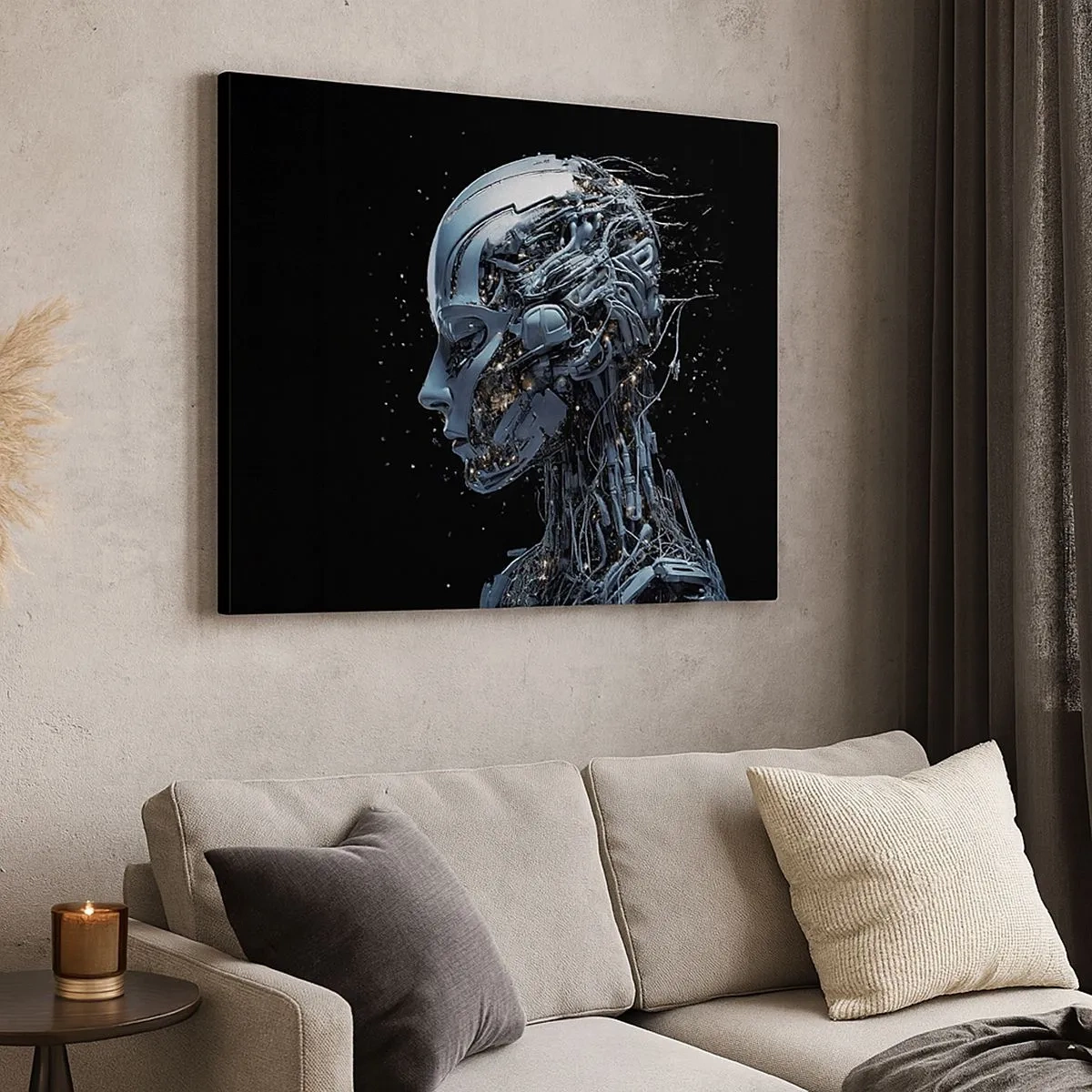 Tablou pe pânză Canvas - Portret futurist al unui cyborg în stil industrial pe fundal negru. - 70x50cm - Tehnologia este o femeie - Decorațiune modernă pentru perete pentru living și dormitor ARTTOR