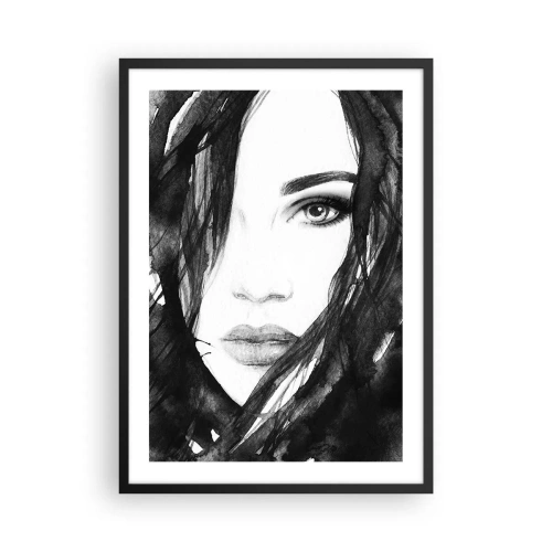 Poster în ramă neagră - Acuarelă alb-negru a chipului unei femei - 50x70cm - Studiu unei dame în alb și negru - Decorațiune modernă pentru perete pentru living și dormitor ARTTOR