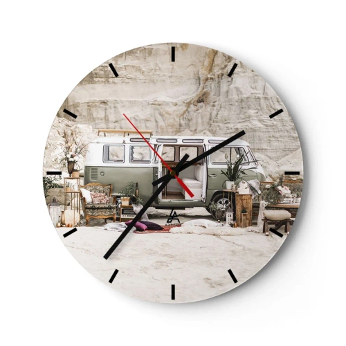 Ceas de perete - Ceas pe sticlă - rulotă cu elemente decorative pe un fundal de peisaj natural - 30x30cm - Să înceapă călătoria - Decorațiune modernă pentru perete pentru living, bucătărie și dormitor ARTTOR