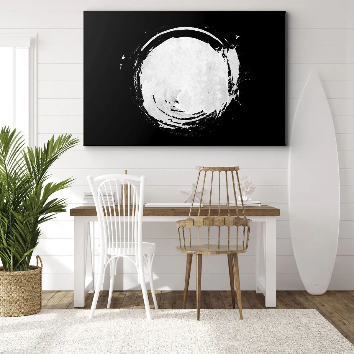 Tablou pe pânză Canvas - Un cerc alb pe fundal negru, într-un stil minimalist. - 70x50cm - O ieșire bună - Decorațiune modernă pentru perete pentru living și dormitor ARTTOR