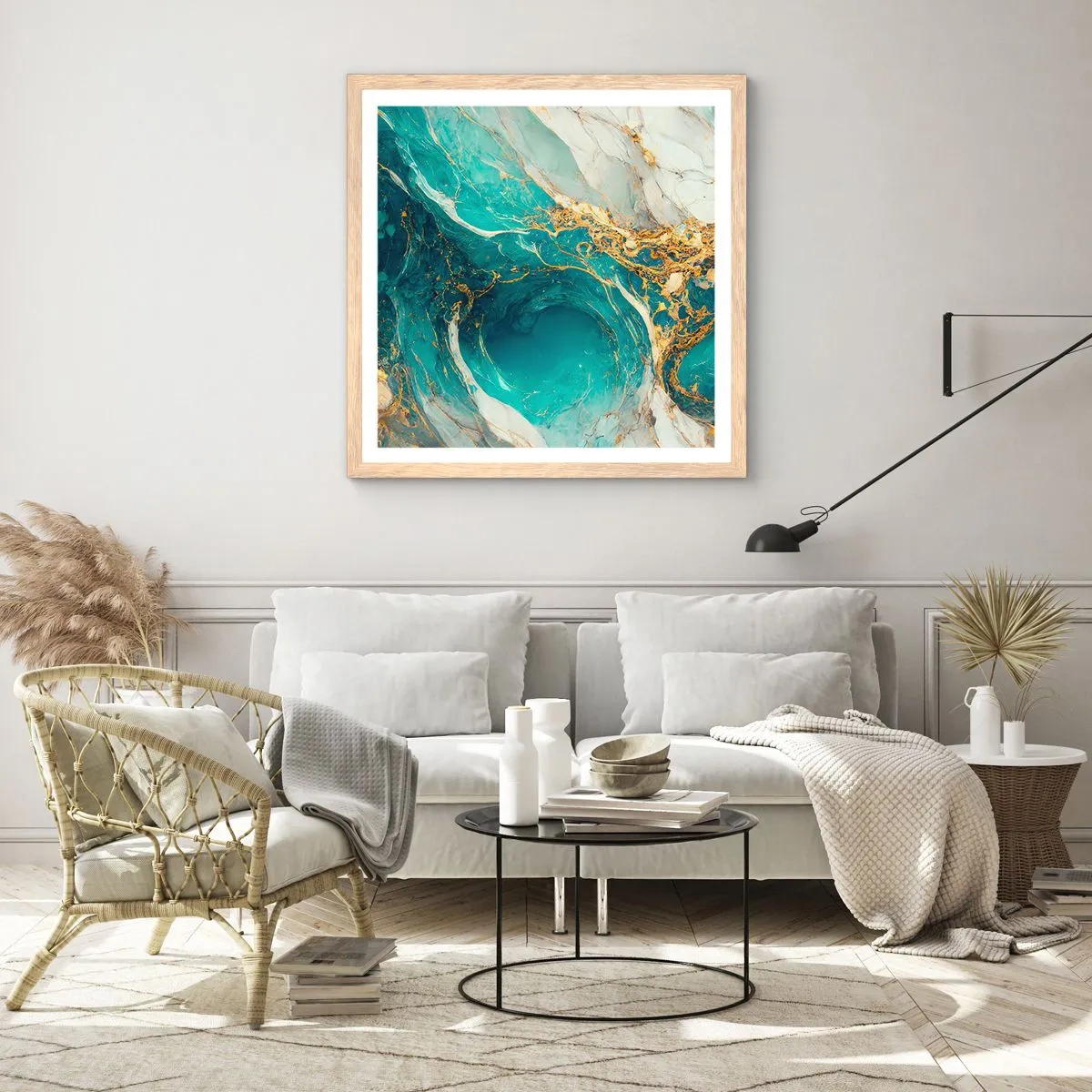 Poster în ramă de stejar deschis - Compoziție cu vene aurii - 60x60 cm