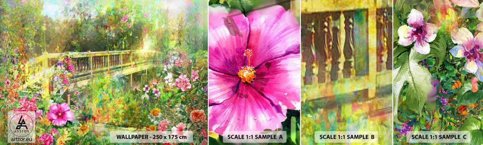 Mostră tapet autocolant Deluxe Sticker - Podul suspinelor de primăvară - Peisaj, Flori, Grădină - 100x30 cm