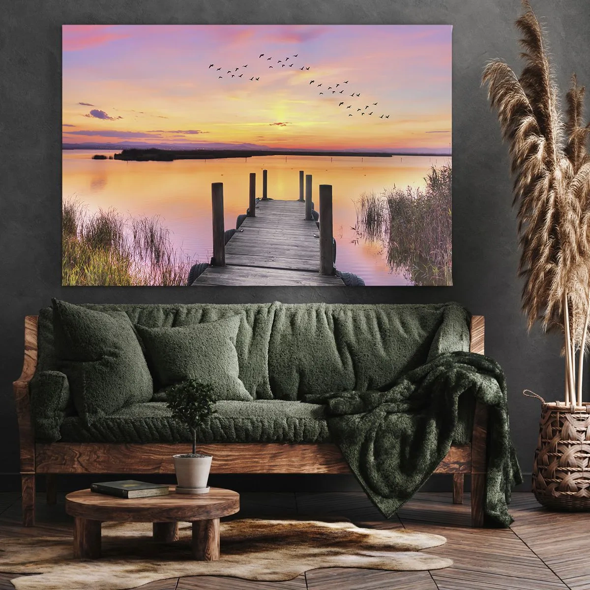 Tablou pe pânză Canvas - Un dig pe un lac la apus cu păsări pe cer - 70x50cm - Zori liniștiți în mov - Decorațiune modernă pentru perete pentru living și dormitor ARTTOR