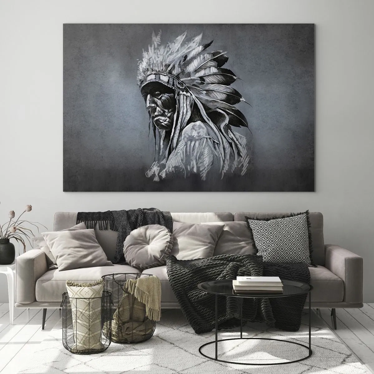 Tablou pe sticlă - Portretul unui bărbat cu o coafură din pene pe un fundal gri închis - 70x50cm - Înapoi la rădăcini - Decorațiune modernă pentru perete pentru living și dormitor ARTTOR