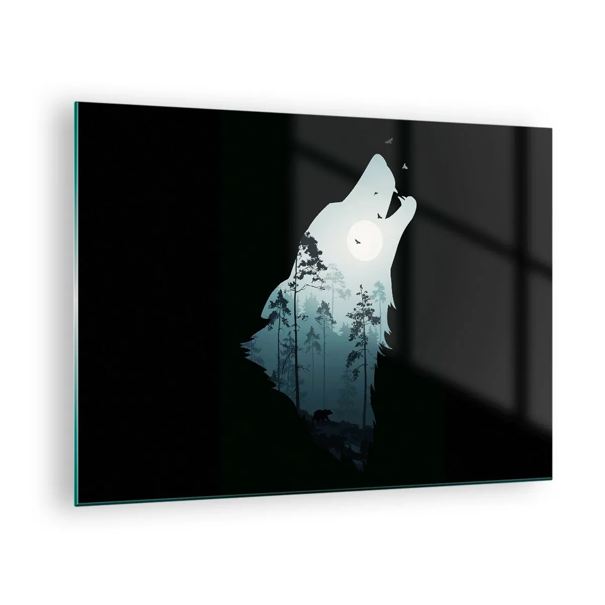 Tablou pe sticlă - Silueta unui lup cu o pădure și lună în fundal pe un fundal negru - 70x50cm - O voce în pădure de noapte - Decorațiune modernă pentru perete pentru living și dormitor ARTTOR