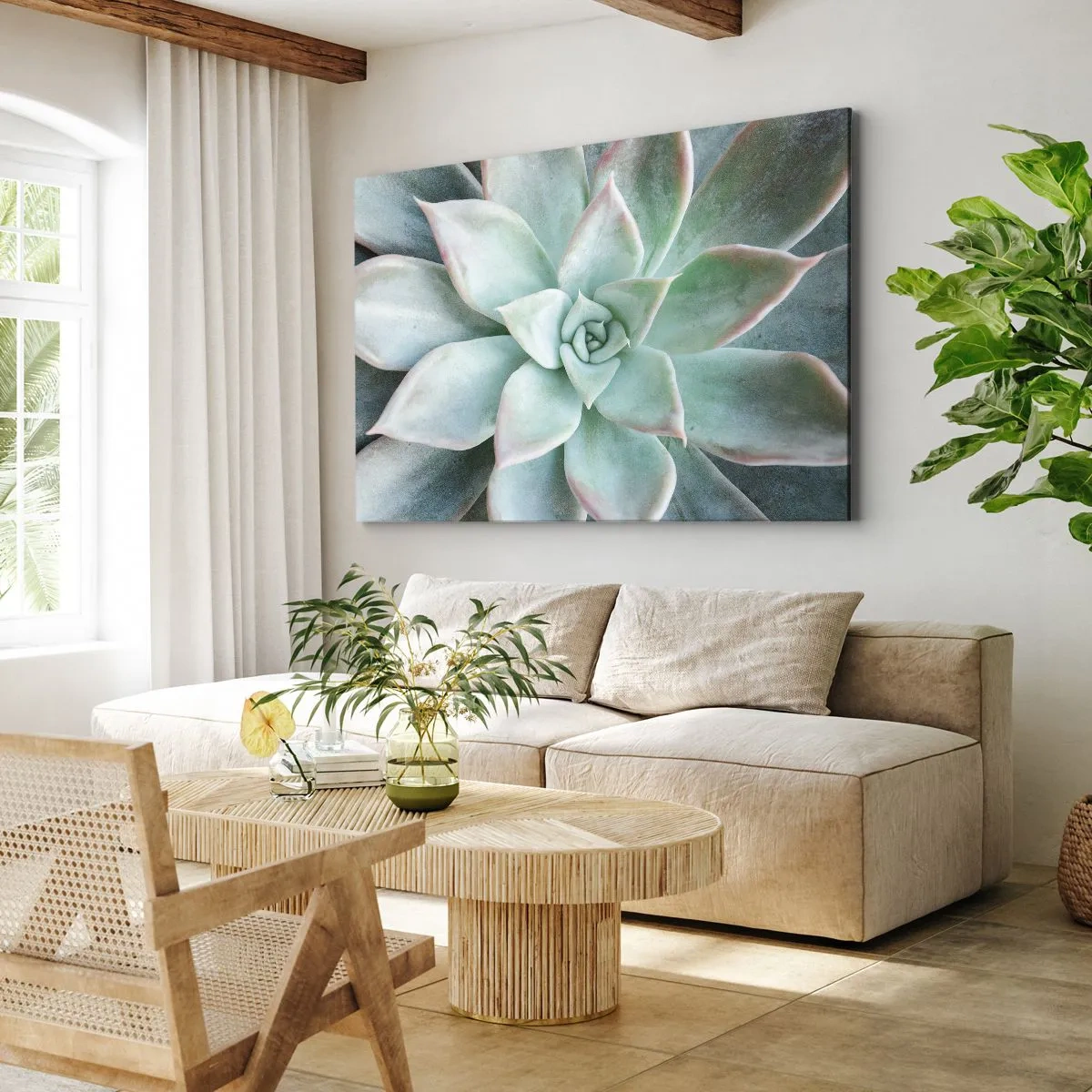 Tablou pe pânză Canvas - Prim-plan al unei suculente verzi - 70x50cm - Inima deșertului - Decorațiune modernă pentru perete pentru living și dormitor ARTTOR
