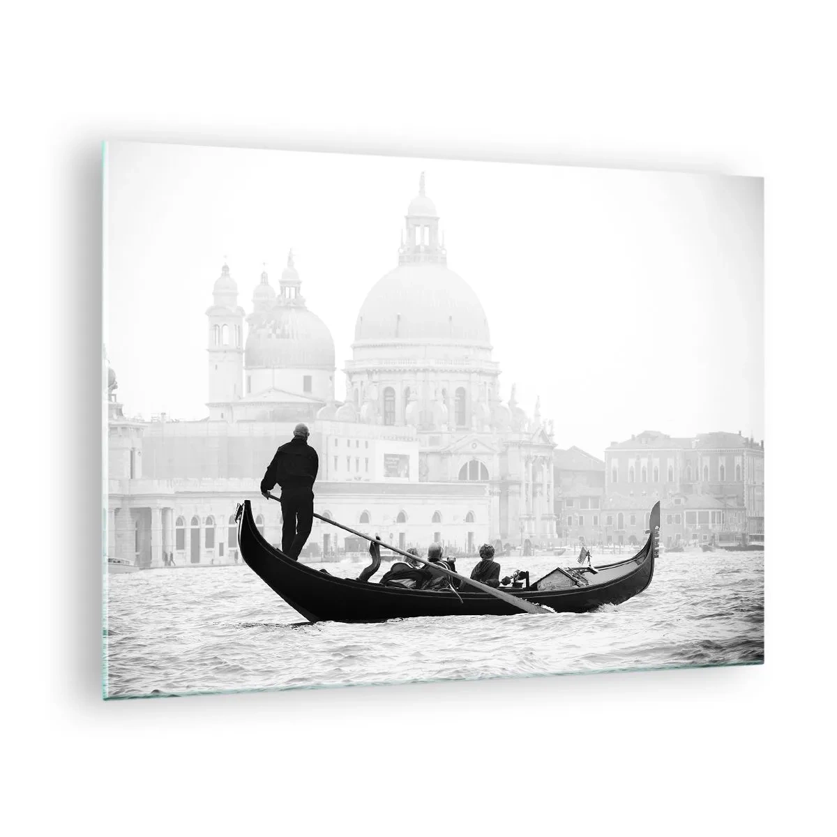 Tablou pe sticlă - O gondolă alb-negru pe fundalul Veneției - 70x50cm - O călătorie la sursa frumuseții - Decorațiune modernă pentru perete pentru living și dormitor ARTTOR
