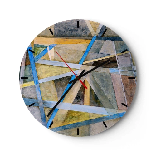 Ceas de perete - Ceas pe sticlă - Abstracție geometrică cu accente galbene și albastre pe un fundal neutru. - 30x30cm - Drept sau de-a curmezișul? - Decorațiune modernă pentru perete pentru living, bucătărie și dormitor ARTTOR