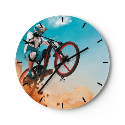 Ceas de perete - Ceas pe sticlă - Un ciclist de munte execută o săritură - 30x30cm - Nebunia demonului bicicletei - Decorațiune modernă pentru perete pentru living, bucătărie și dormitor ARTTOR