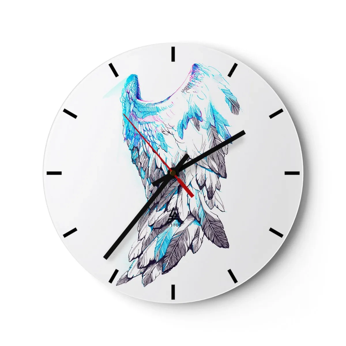 Ceas de perete - Ceas pe sticlă - Aripă artistică în nuanțe de albastru și alb pe fundal alb - 30x30cm - Am nevoie de aripi - Decorațiune modernă pentru perete pentru living, bucătărie și dormitor ARTTOR
