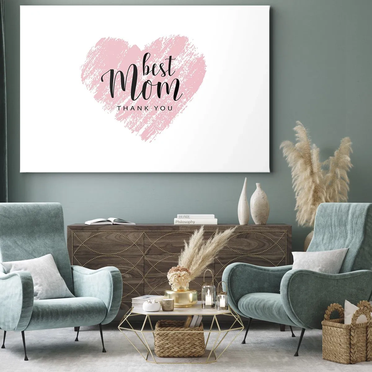 Tablou pe pânză Canvas - Inimă roz cu cuvintele „Cea mai bună mamă, mulțumesc” pe fundal alb - 70x50cm - Întotdeauna la momentul potrivit - Decorațiune modernă pentru perete pentru living și dormitor ARTTOR