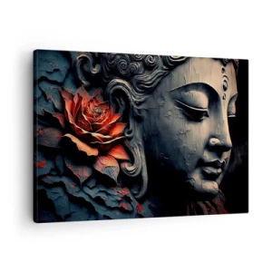 Tablou pe pânză Canvas - Sculptură de Buddha cu o floare de lotus roșie - 70x50cm - În ton cu lumea - Decorațiune modernă pentru perete pentru living și dormitor ARTTOR