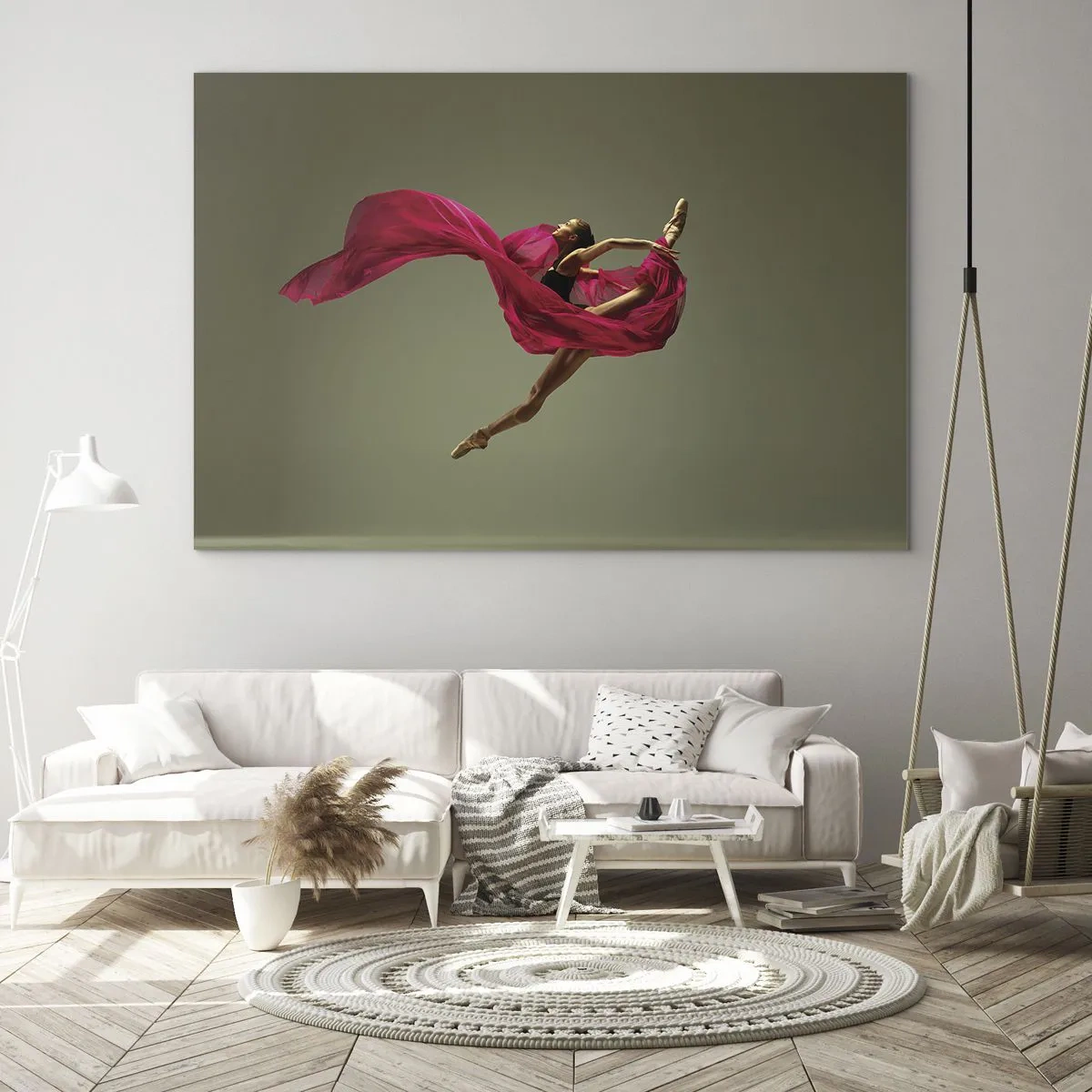 Tablou pe sticlă - O dansatoare în zbor cu o țesătură fuchsia fluidă - 70x50cm - Flacără dansatoare - Decorațiune modernă pentru perete pentru living și dormitor ARTTOR