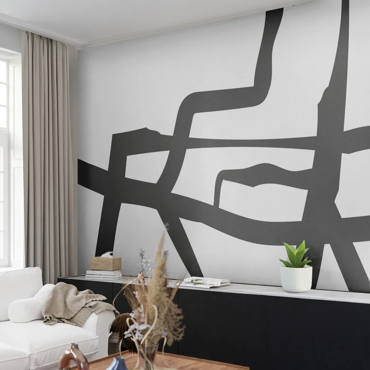 Tapet Standard Eco - Construcție în alb și negru - Linia, alb-negru, Abstracţionism - 150x105 cm