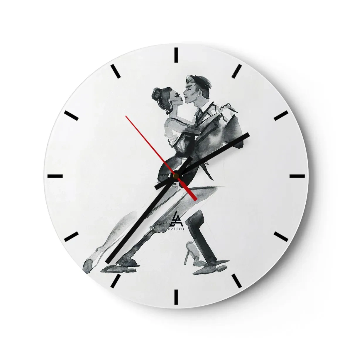 Ceas de perete - Ceas pe sticlă - Un cuplu de dansatori într-o poză elegantă pe un fundal alb - 30x30cm - Într-un ritm - Decorațiune modernă pentru perete pentru living, bucătărie și dormitor ARTTOR