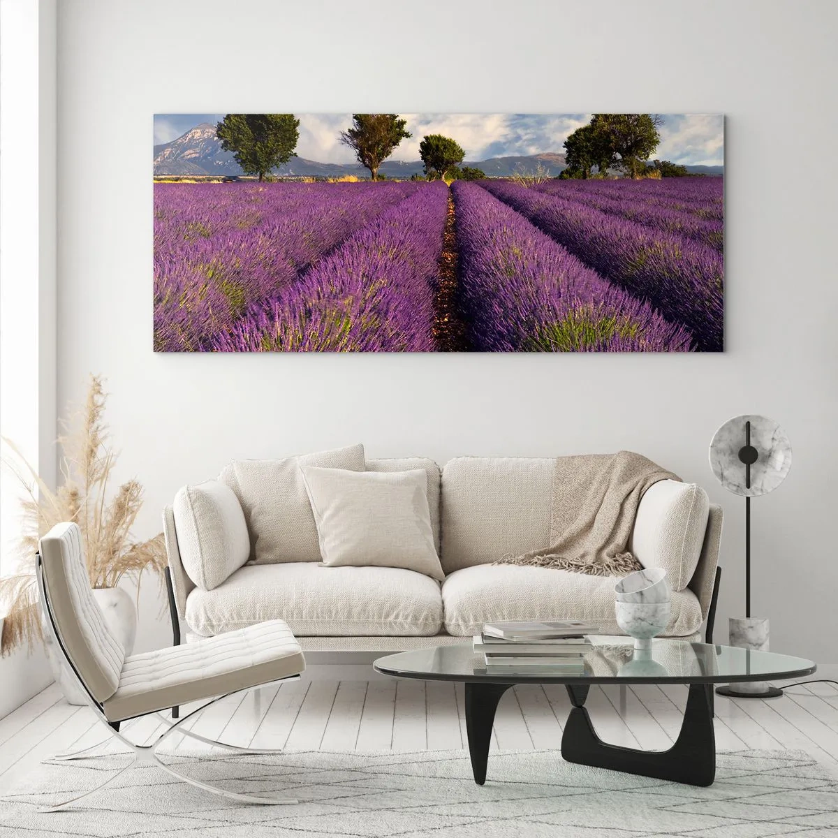 Tablou pe sticlă - Câmpuri de lavandă - 90x30 cm