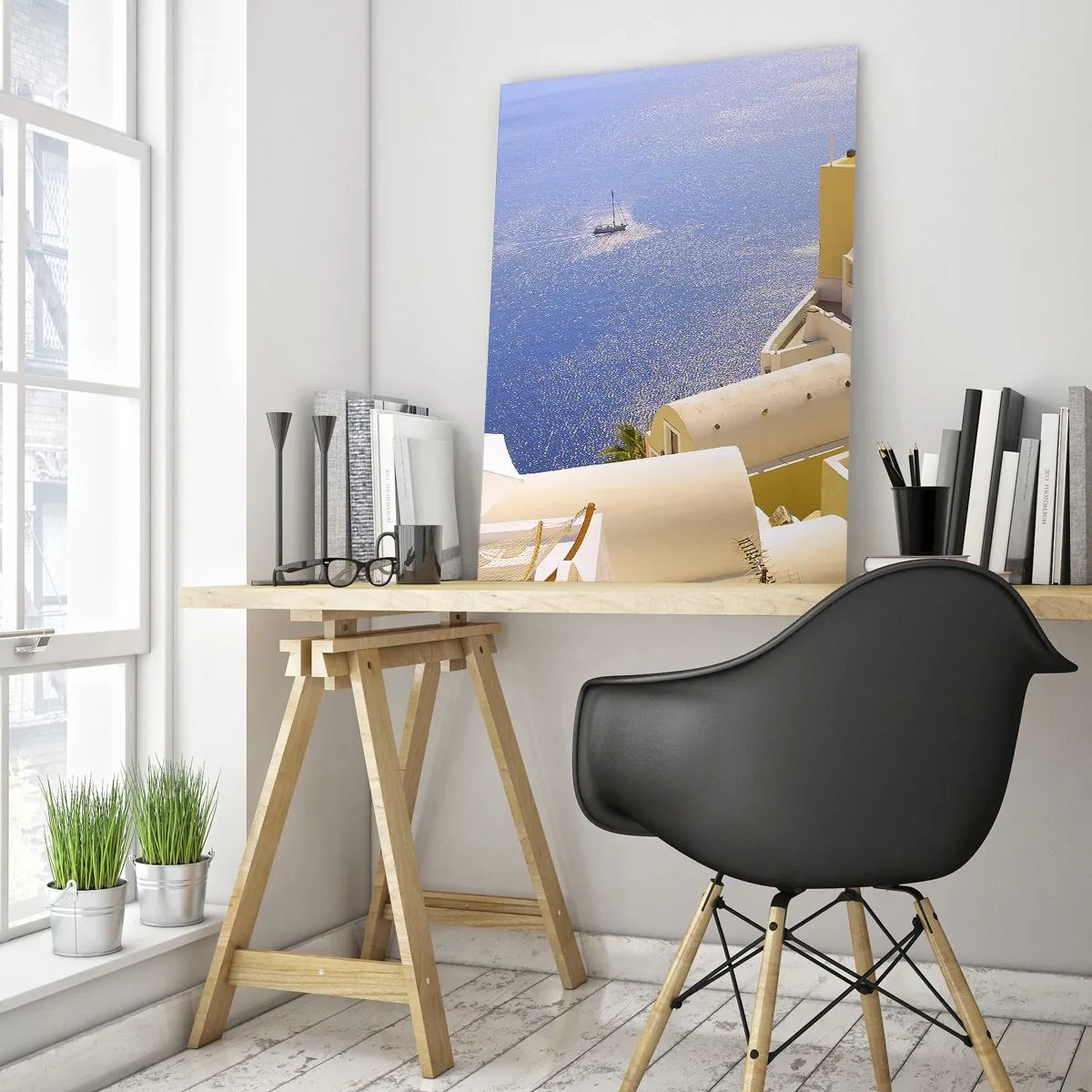 Tablou pe sticlă - Peisaj grecesc în alb și albastru - 50x70 cm