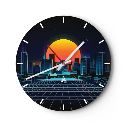 Ceas de perete - Ceas pe sticlă - peisaj urban retro-futurist cu lumini neon și apus de soare - 30x30cm - Încă mai vrei să ajungi la lumea reală? - Decorațiune modernă pentru perete pentru living, bucătărie și dormitor ARTTOR