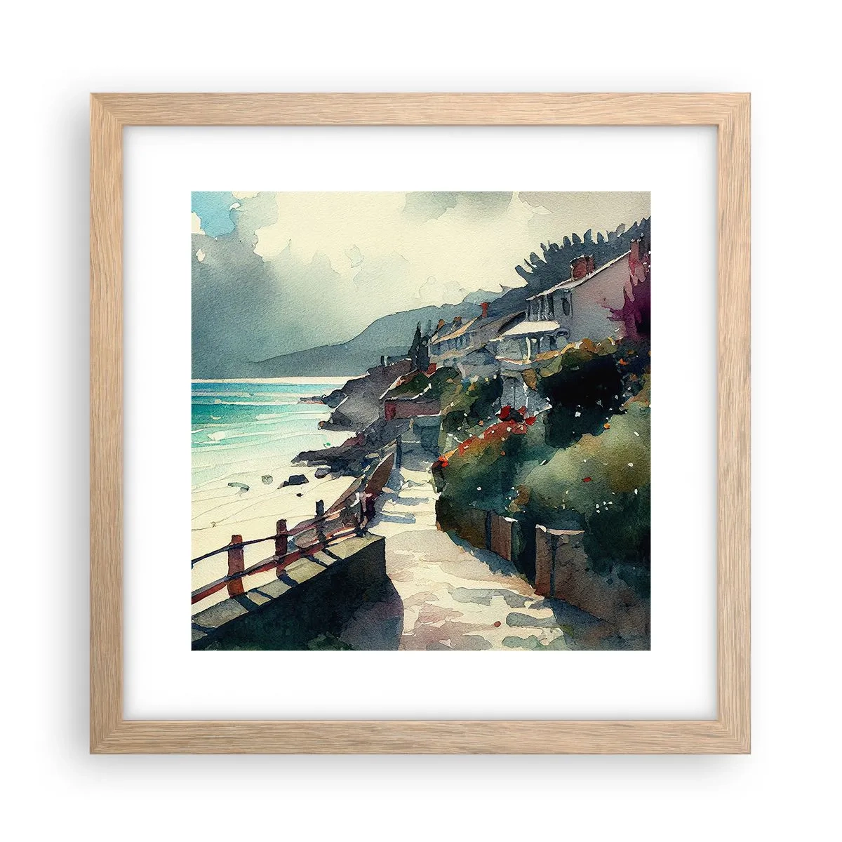 Poster în ramă de stejar deschis - Orășel mediteraneean - 30x30 cm