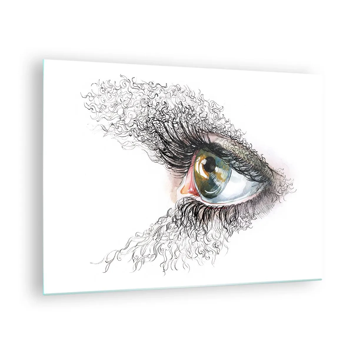 Tablou pe sticlă - Un ochi auriu înconjurat de linii dinamice și detalii abstracte - 70x50cm - Privește direct în suflet - Decorațiune modernă pentru perete pentru living și dormitor ARTTOR