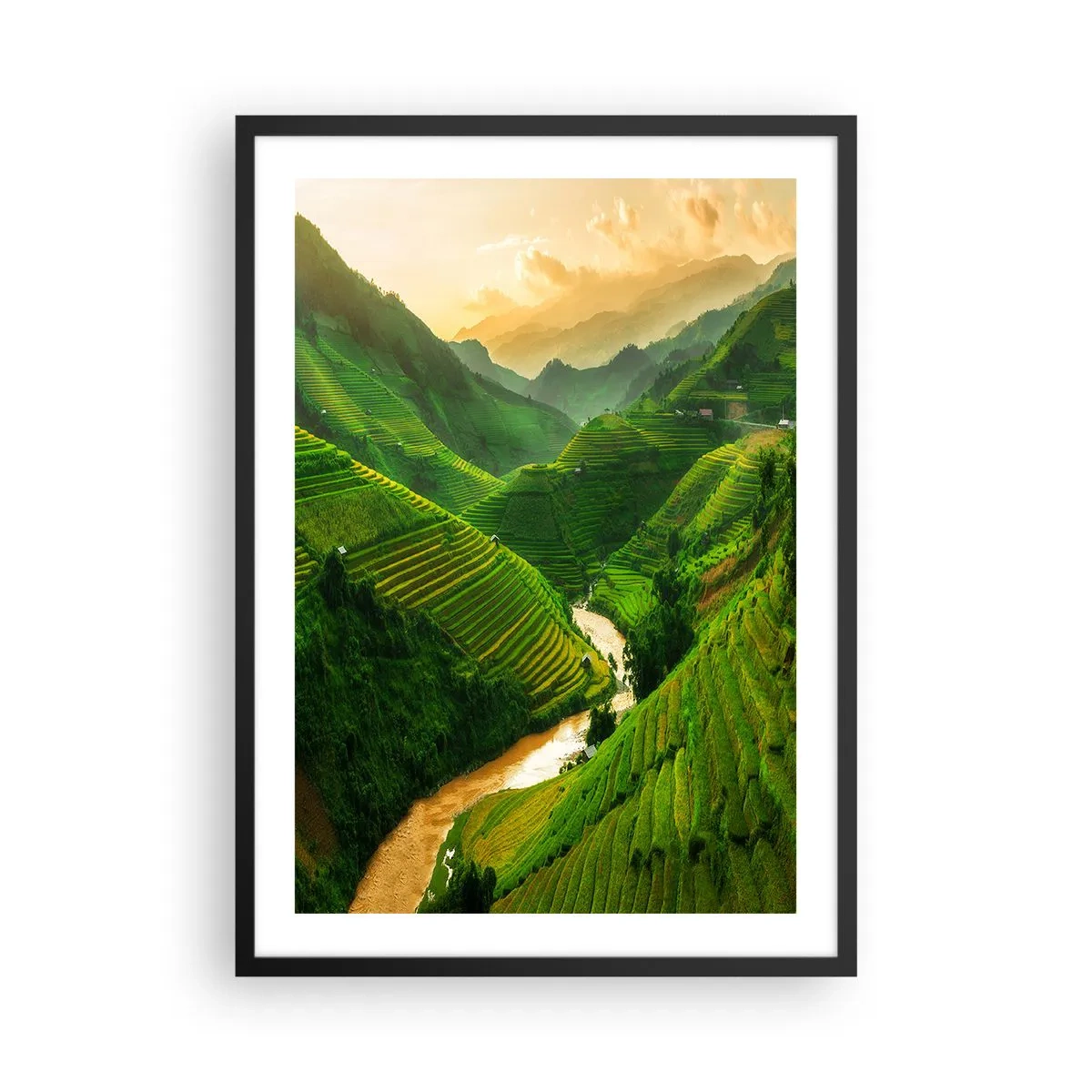 Poster în ramă neagră - Terase de orez pitorești într-o vale verde - 50x70cm - Valea vietnameză - Decorațiune modernă pentru perete pentru living și dormitor ARTTOR