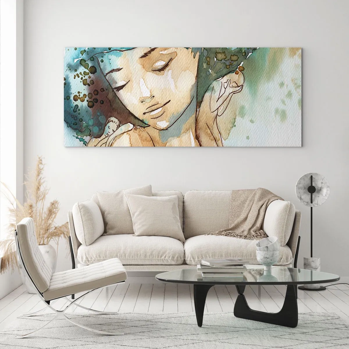 Tablou pe sticlă - Lady în albastru - 90x30 cm