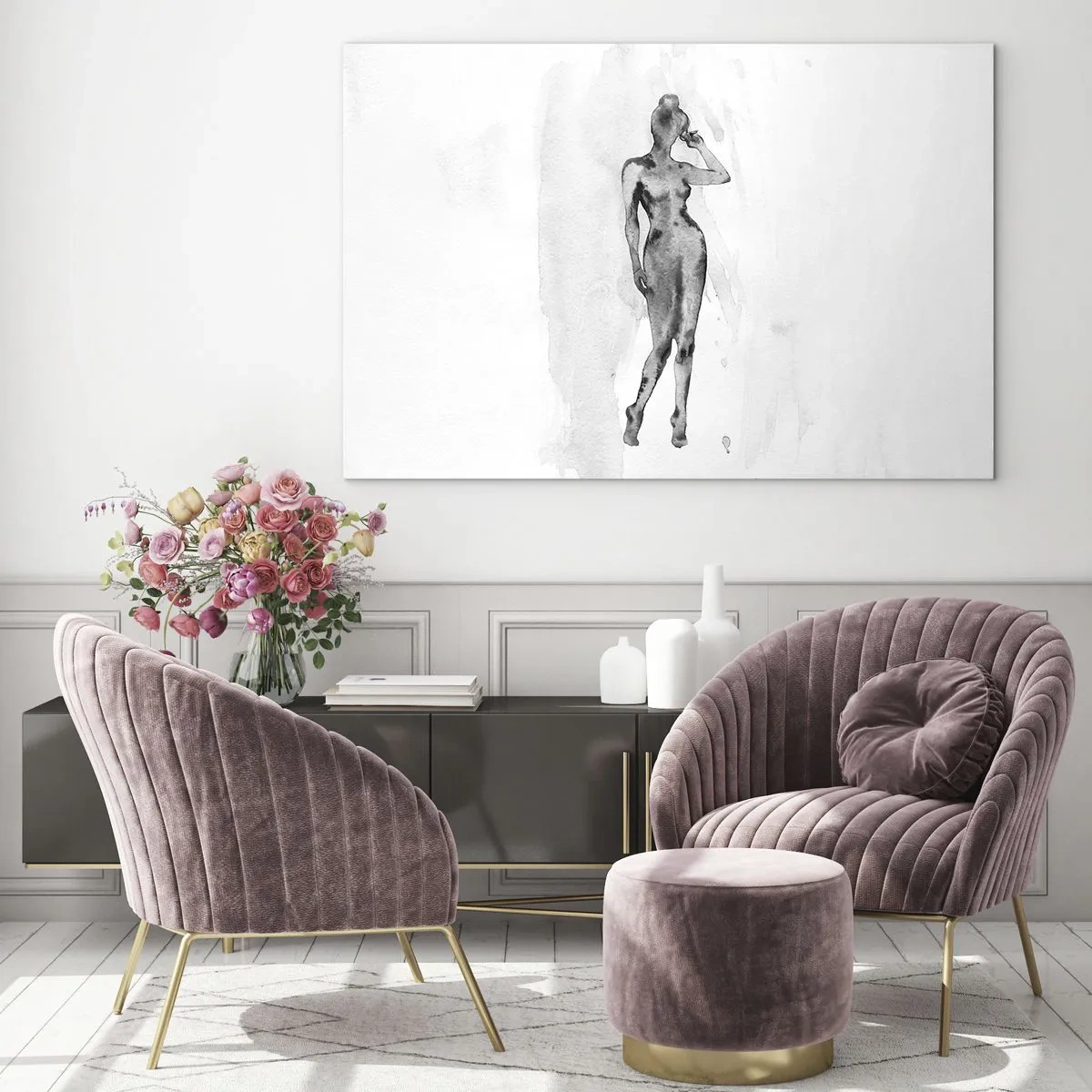 Tablou pe sticlă - Silueta unei femei în nuanțe de gri pe fundal alb - 70x50cm - Un studiu al idealului de feminitate - Decorațiune modernă pentru perete pentru living și dormitor ARTTOR