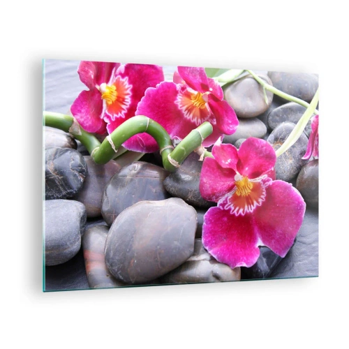 Tablou pe sticlă - Orhidee roz cu bambus pe pietre - 70x50cm - Frig și căldură - Decorațiune modernă pentru perete pentru living și dormitor ARTTOR
