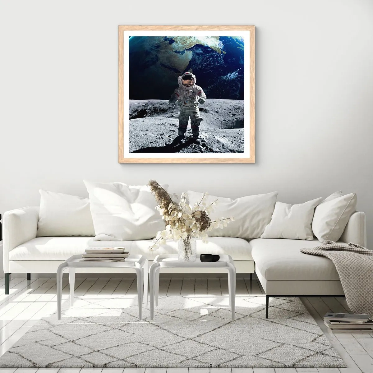 Poster în ramă de stejar deschis - Salutări de pe Lună - 60x60 cm