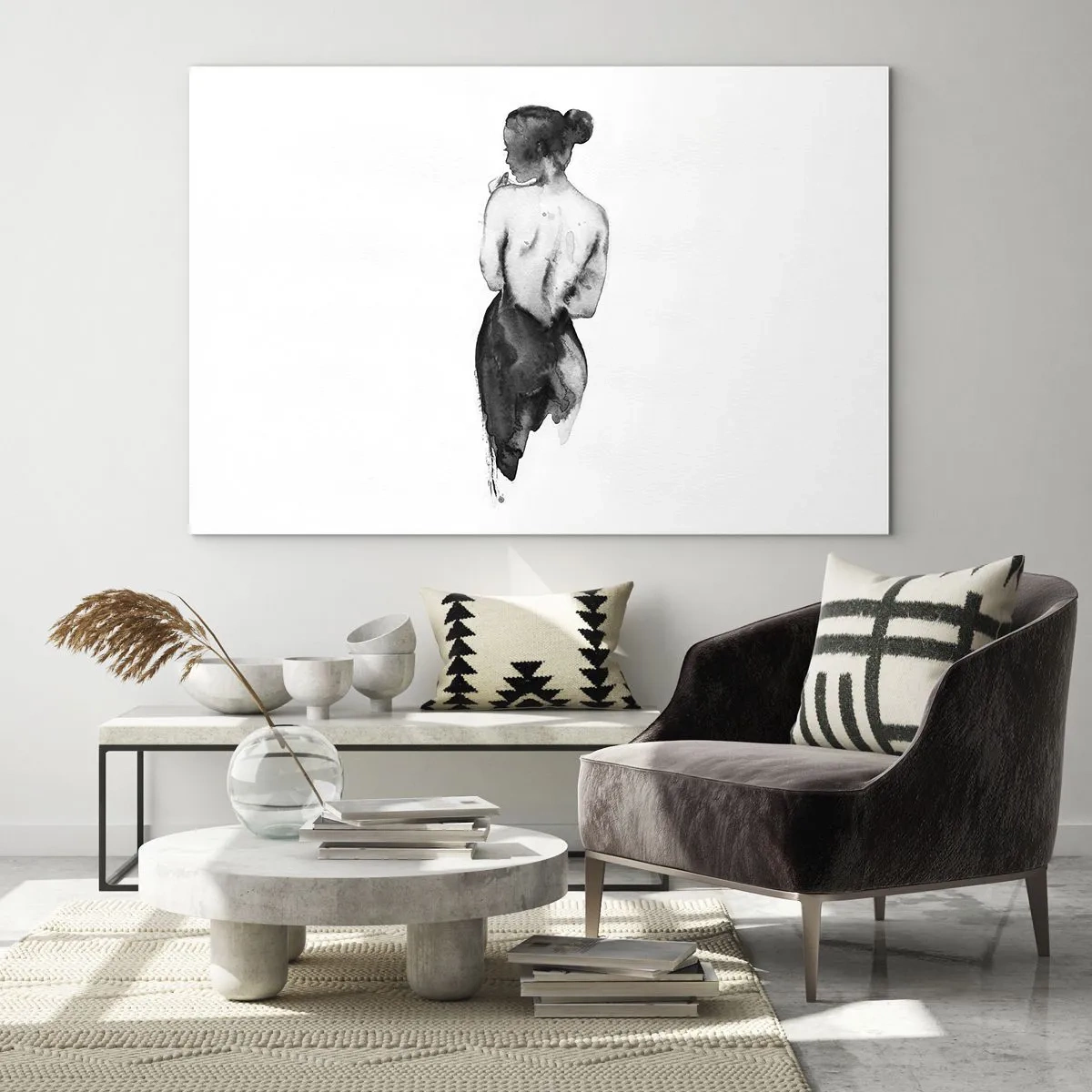 Tablou pe sticlă - Siluetă alb-negru a unei femei în stil acuarelă - 70x50cm - Cu ea lumea dispare - Decorațiune modernă pentru perete pentru living și dormitor ARTTOR