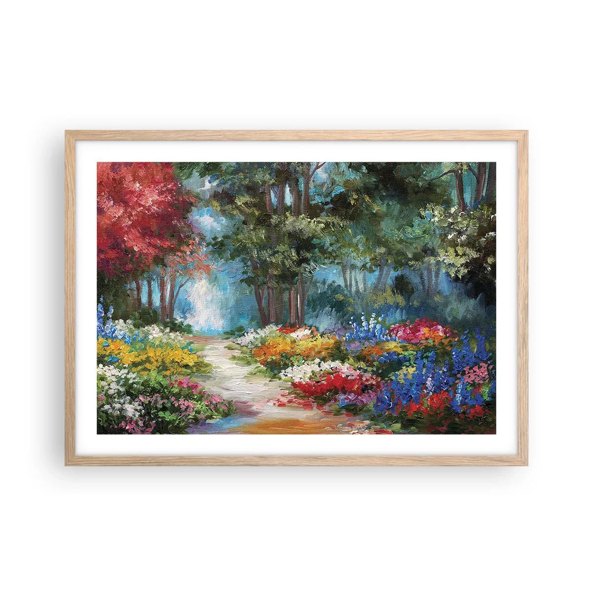 Poster în ramă de stejar deschis - Grădină de pădure, pădure de flori - 70x50 cm