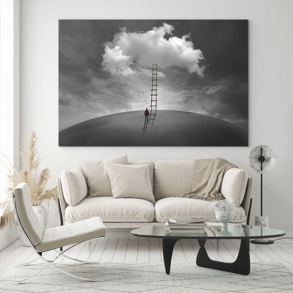 Tablou pe sticlă - O persoană se uită la o scară care duce spre un nor. - 70x50cm - Orice este posibil - Decorațiune modernă pentru perete pentru living și dormitor ARTTOR