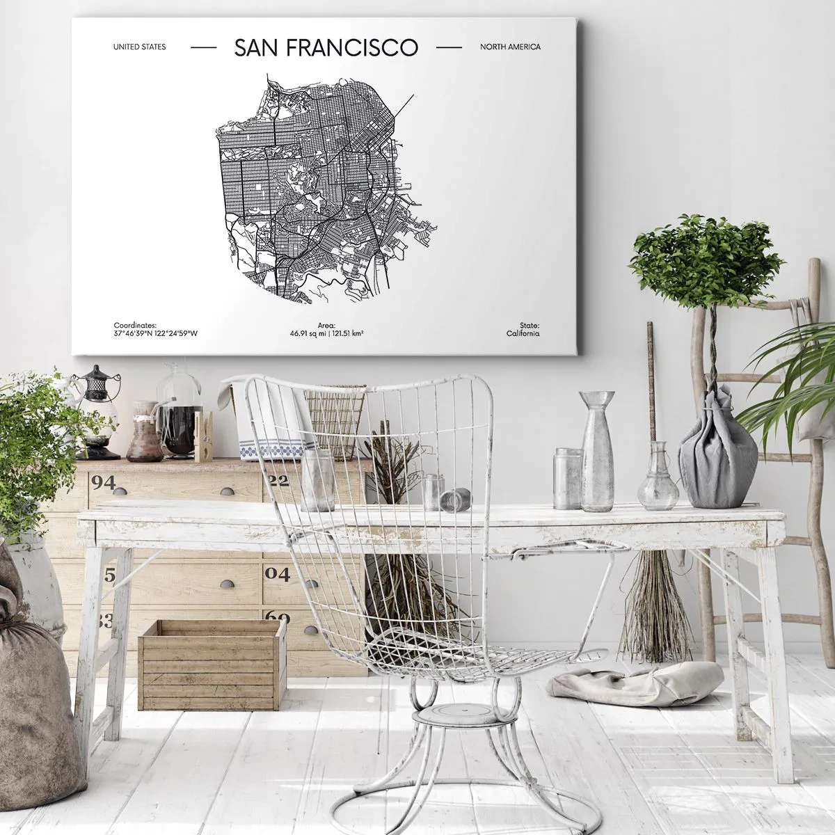 Tablou pe pânză Canvas - O hartă a orașului San Francisco într-un stil minimalist alb-negru. - 70x50cm - Anatomia San Francisco - Decorațiune modernă pentru perete pentru living și dormitor ARTTOR