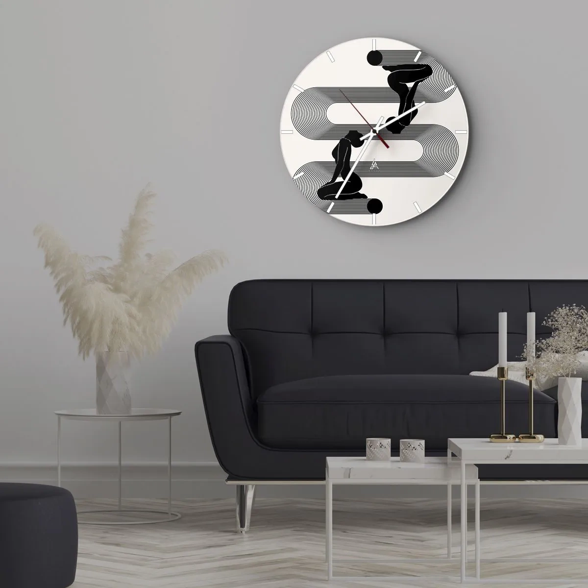 Ceas de perete - Ceas pe sticlă - Simetrie grafică cu siluete feminine și linii geometrice - 30x30cm - Simetrie senzuală - Decorațiune modernă pentru perete pentru living, bucătărie și dormitor ARTTOR