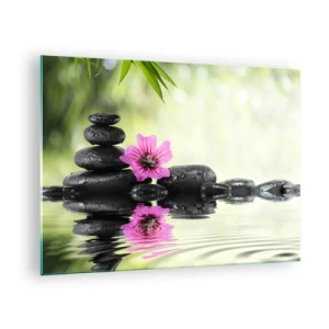 Tablou pe sticlă - Pietre negre și o floare roz pe fundalul naturii - 70x50cm - Timp pentru suflet - Decorațiune modernă pentru perete pentru living și dormitor ARTTOR