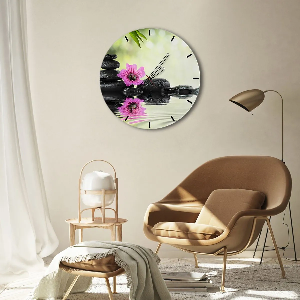 Ceas de perete - Ceas pe sticlă - Pietre Zen cu o floare roz pe un fundal natural - 30x30cm - Timp pentru suflet - Decorațiune modernă pentru perete pentru living, bucătărie și dormitor ARTTOR