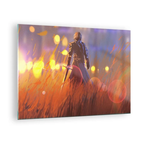 Tablou pe sticlă - O figură în armură printre iarba portocalie, cu un fundal luminos. - 70x50cm - Cavalerul greșit - Decorațiune modernă pentru perete pentru living și dormitor ARTTOR