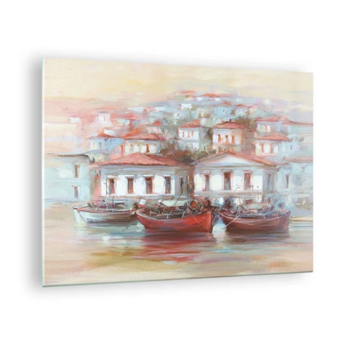 Tablou pe sticlă - Un oraș pitoresc cu bărci în port la apus - 70x50cm - Orășel fericit - Decorațiune modernă pentru perete pentru living și dormitor ARTTOR