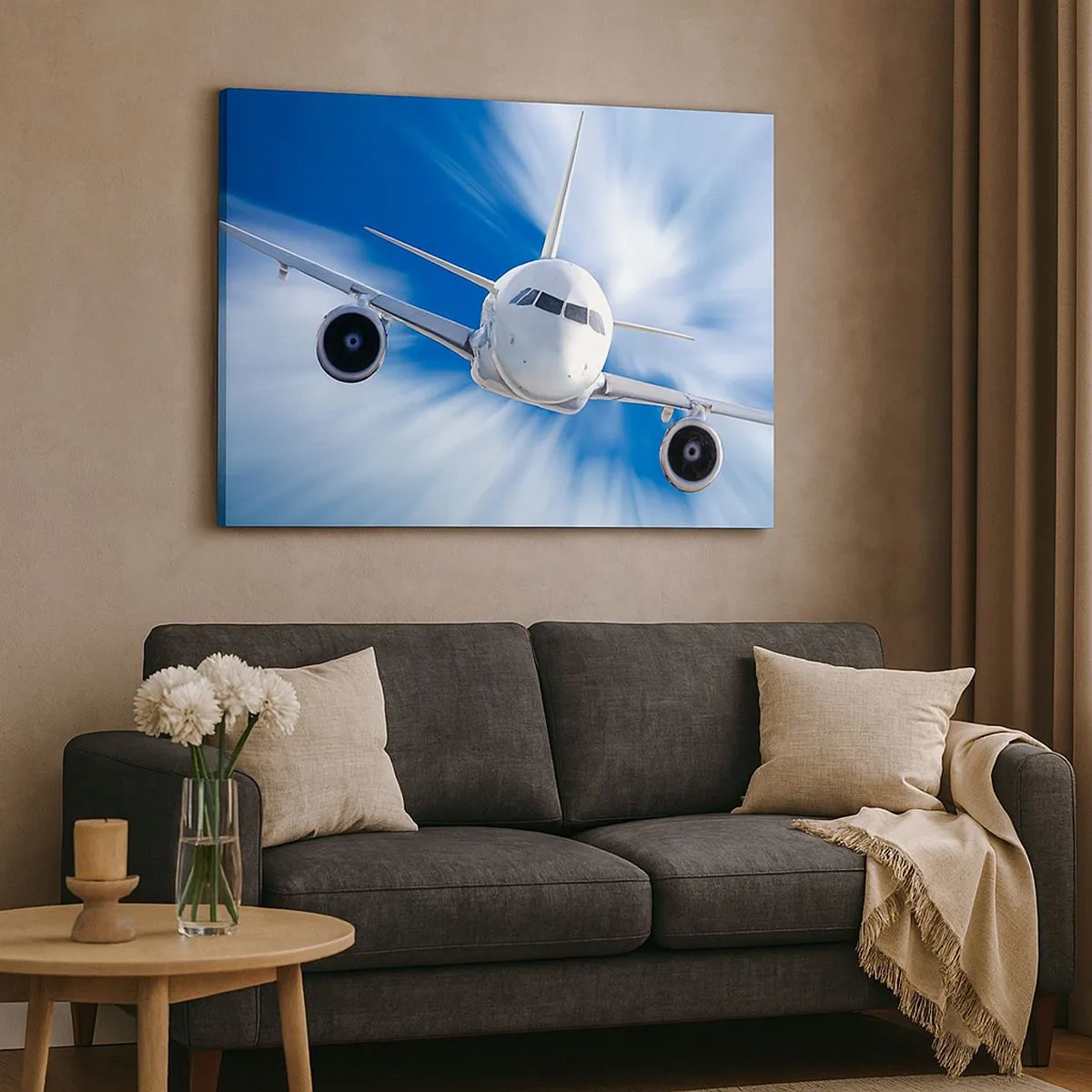 Tablou pe pânză Canvas - Un avion de pasageri în mișcare pe cer - 70x50cm - Mai repede decât vântul pe cer - Decorațiune modernă pentru perete pentru living și dormitor ARTTOR