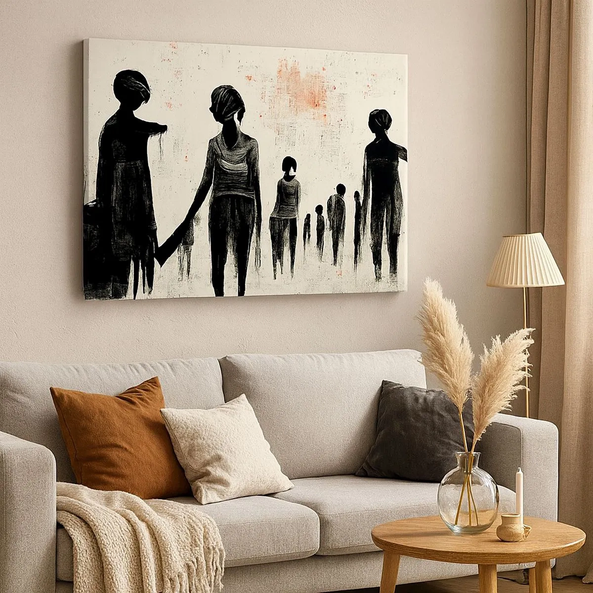 Tablou pe pânză Canvas - Figuri într-o compoziție monocromatică pe un fundal luminos - 70x50cm - Împotriva singurătății - Decorațiune modernă pentru perete pentru living și dormitor ARTTOR