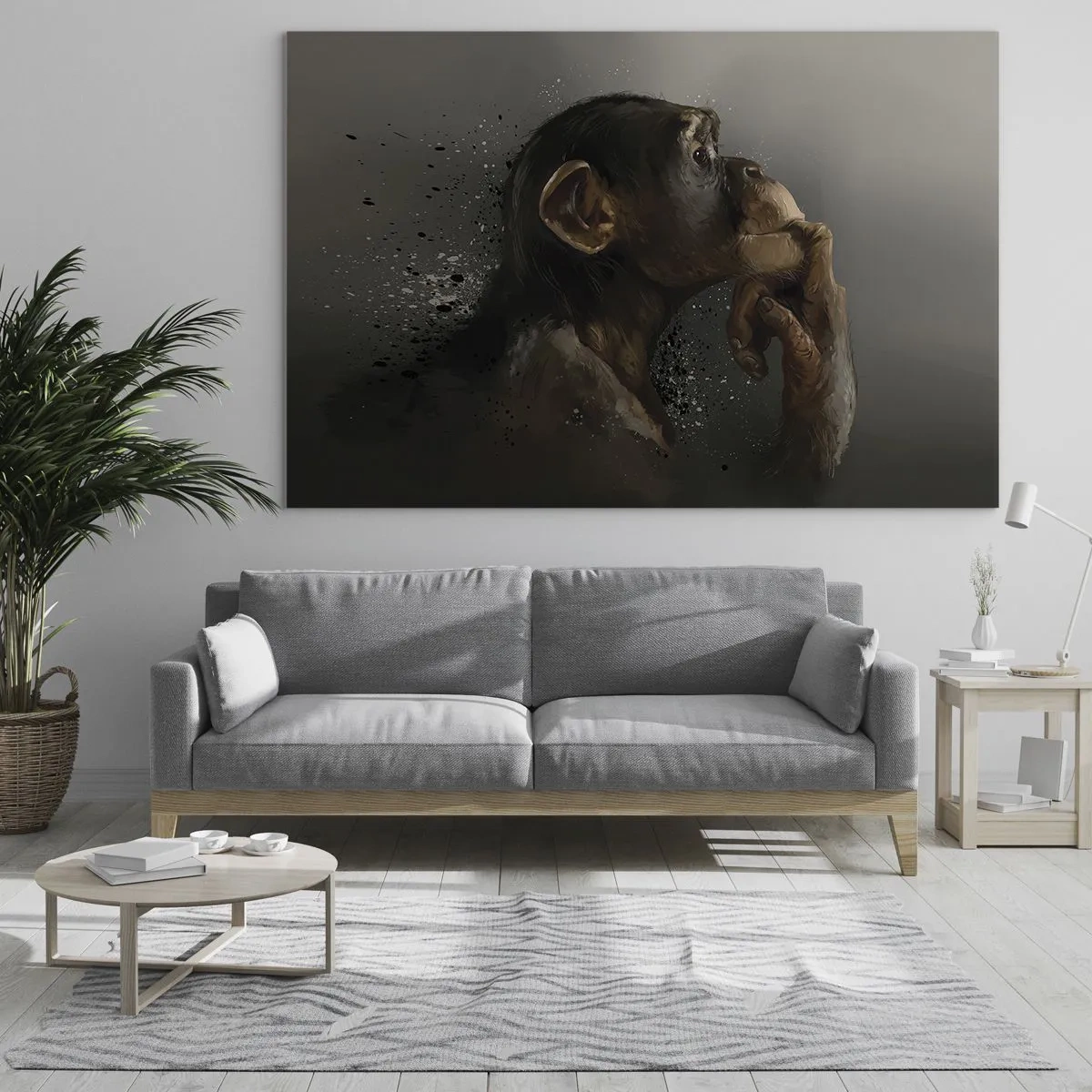 Tablou pe sticlă - O maimuță care pare gânditoare pe un fundal întunecat cu efect de stropire - 70x50cm - Cu siguranță, gânditorul - Decorațiune modernă pentru perete pentru living și dormitor ARTTOR