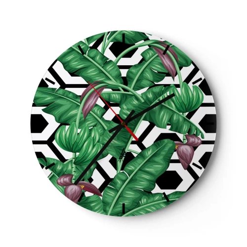 Ceas de perete - Ceas pe sticlă - Frunze de bananier tropicale pe un fundal geometric - 30x30cm - Compoziție simetrică din natură - Decorațiune modernă pentru perete pentru living, bucătărie și dormitor ARTTOR