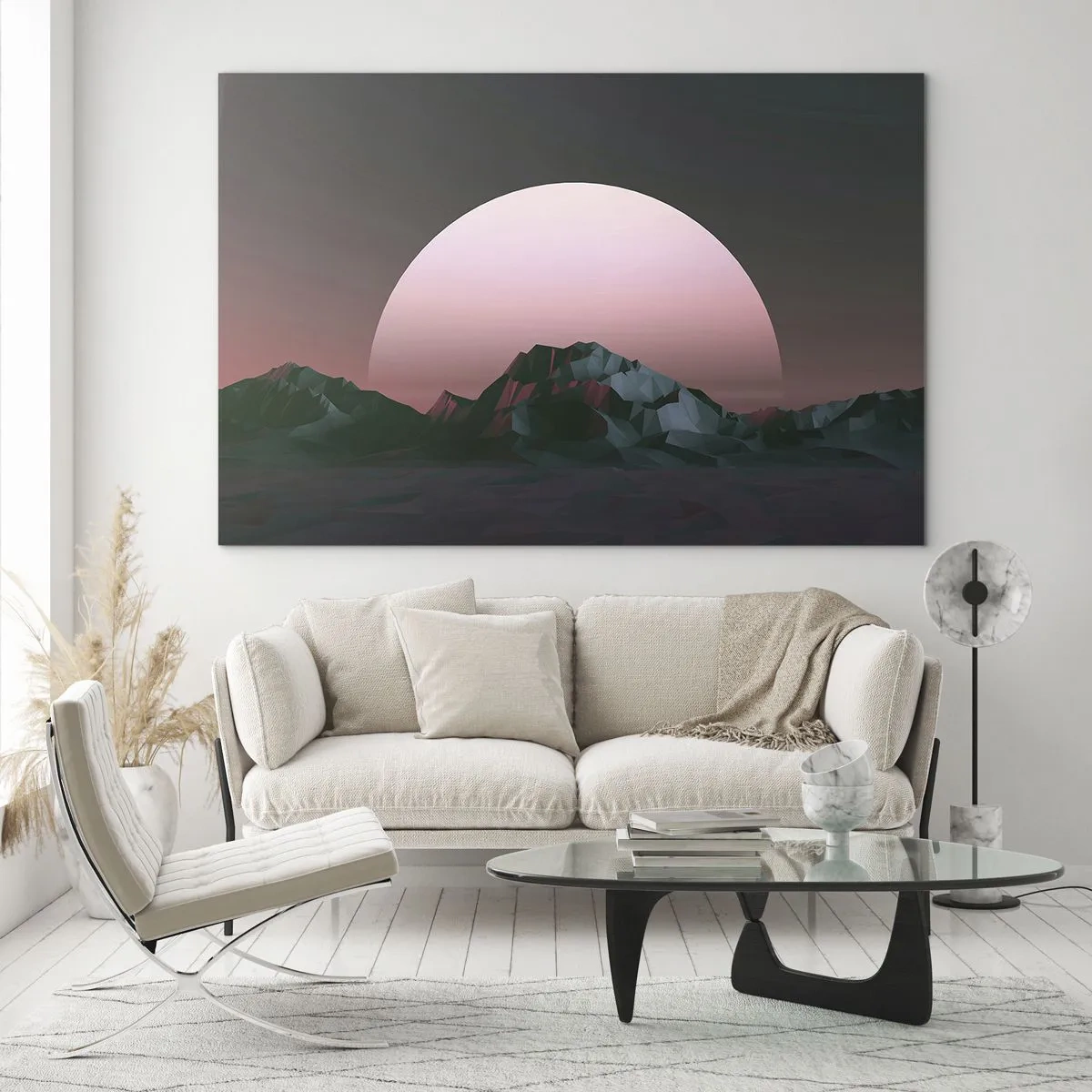 Tablou pe sticlă - Peisaj abstract cu munți geometrici și un soare roz. - 70x50cm - Într-o galaxie învecinată - Decorațiune modernă pentru perete pentru living și dormitor ARTTOR